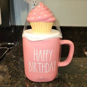 Rae Dunn Pink "Happy Birthday" Mug with Cupcake Topper